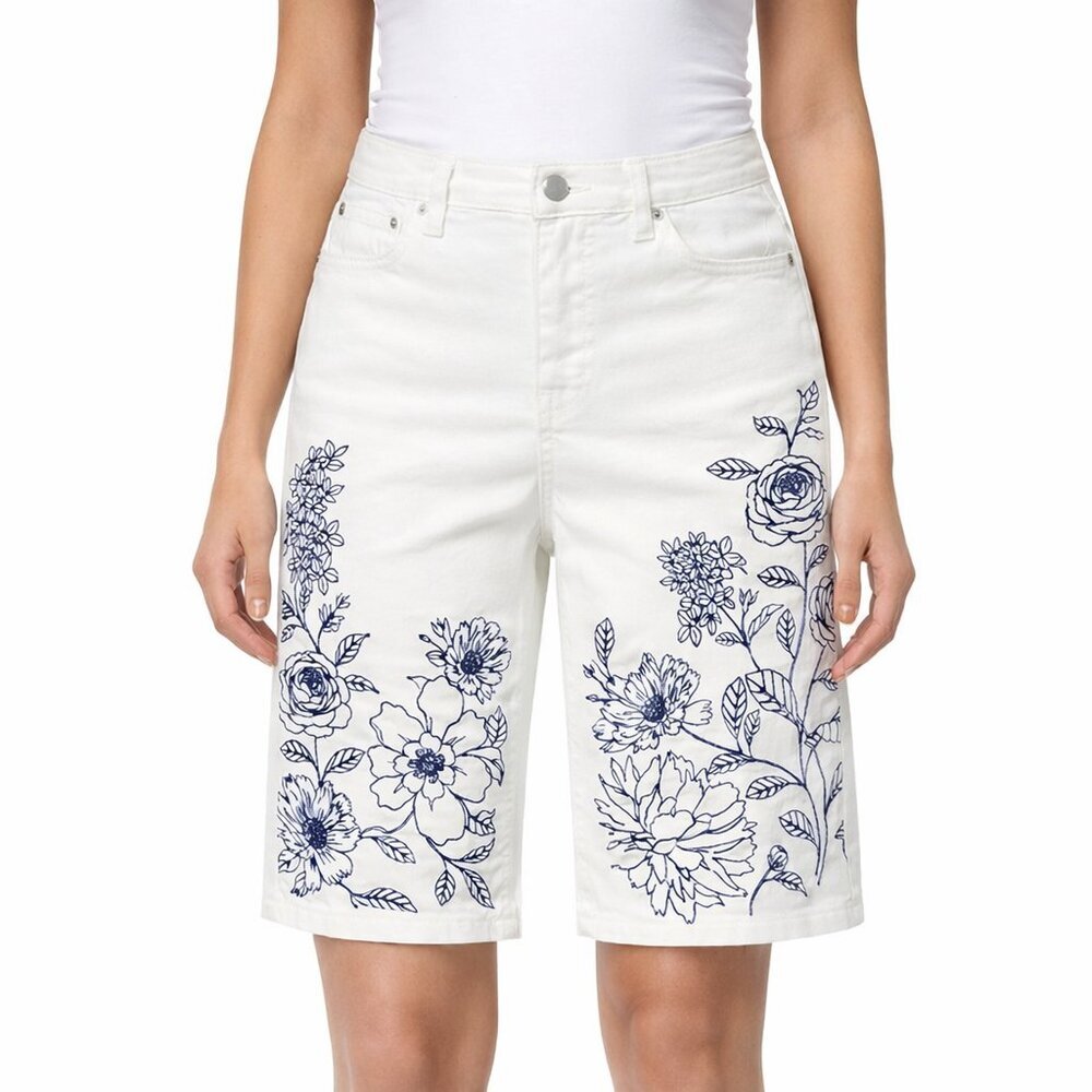 DG2 by Diane Gilman Stretch Denim Bermuda Shorts White Blue Floral Embroidery 0P